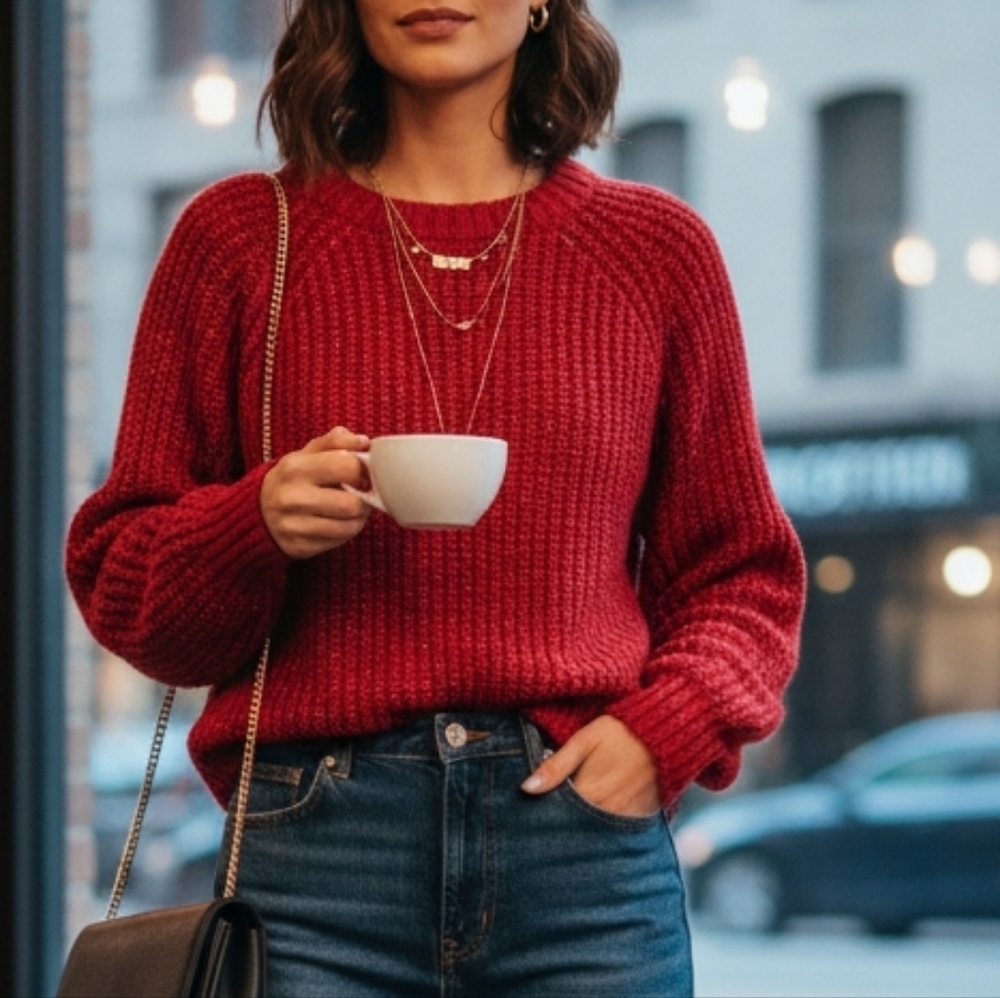 Buffalo Red Chunky Knit Wool Blend Sweater Size S Balloon Sleeve Crop